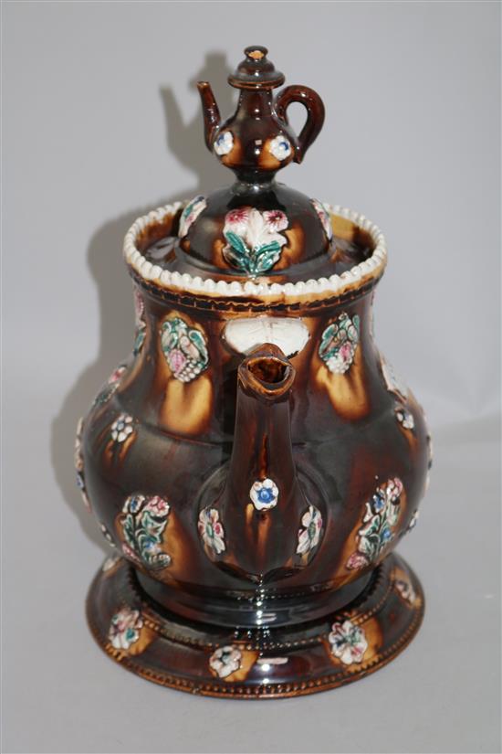 A late Victorian Meerschaum pottery Barge Ware teapot, cover and stand, 13.25in.